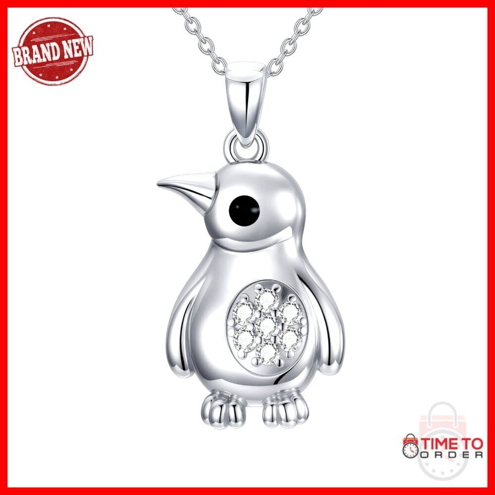 Sterling Silver Penguin Pendant Necklace with Crystal Delicate Animal Jewelry